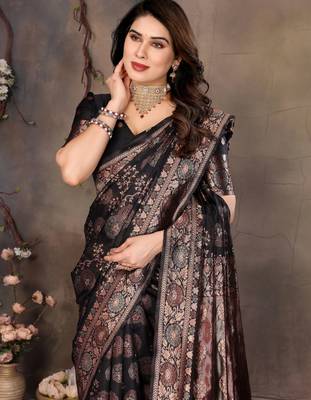 faux Kanjivaram banarasi jacquard silk blend saree with unstiched blouse piece 2
