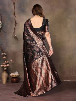faux Kanjivaram banarasi jacquard silk blend saree with unstiched blouse piece 3