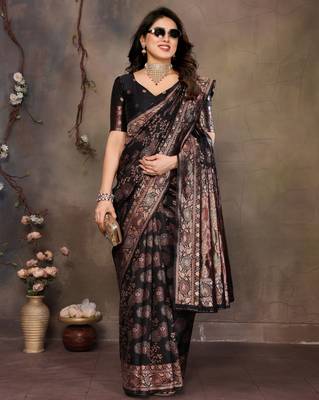 faux Kanjivaram banarasi jacquard silk blend saree with unstiched blouse piece 4