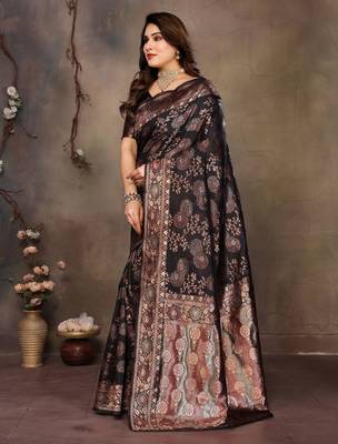faux Kanjivaram banarasi jacquard silk blend saree with unstiched blouse piece 5