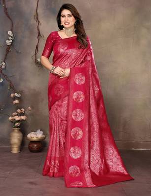 faux Kanjivaram banarasi jacquard silk blend saree with unstiched blouse piece 1