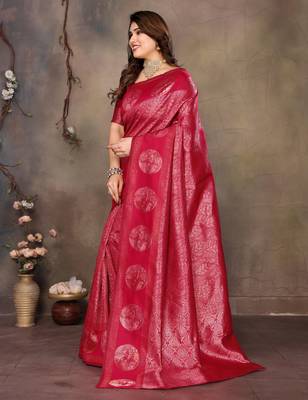 faux Kanjivaram banarasi jacquard silk blend saree with unstiched blouse piece 3