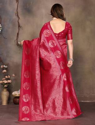 faux Kanjivaram banarasi jacquard silk blend saree with unstiched blouse piece 4