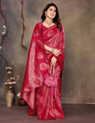 faux Kanjivaram banarasi jacquard silk blend saree with unstiched blouse piece 5