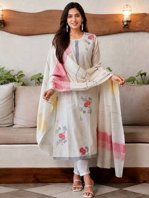 Crtx white jaquard pure cotton kurti with dupatta and pant 1
