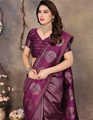 faux Kanjivaram banarasi jacquard silk blend saree with unstiched blouse piece 4