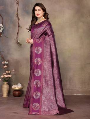 faux Kanjivaram banarasi jacquard silk blend saree with unstiched blouse piece 5