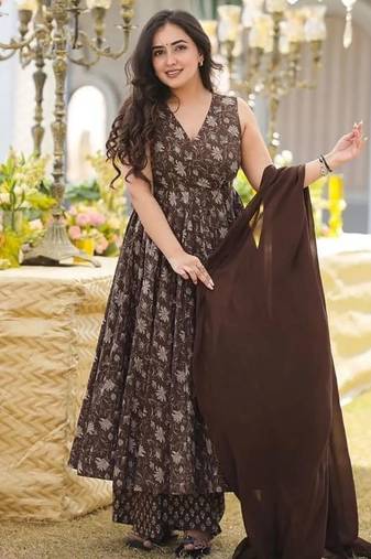 Elegant brown muslin anarkali kurti palazzo set with dupatta