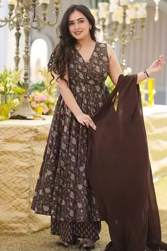 Elegant brown pure muslin anarkali kurti palazzo set with dupatta