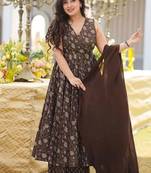 Elegant brown pure muslin anarkali kurti palazzo set with dupatta