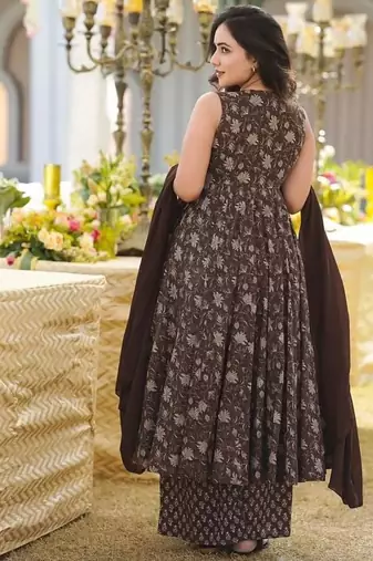 Elegant brown pure muslin anarkali kurti palazzo set with dupatta