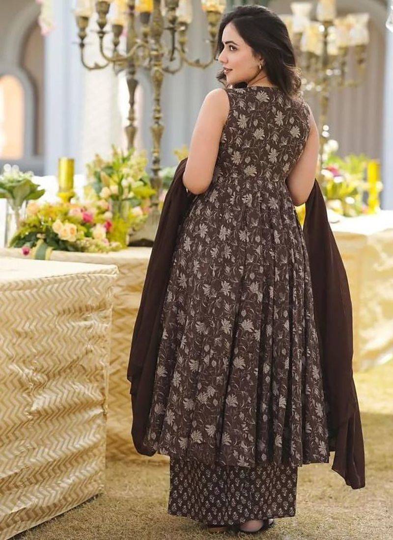 Elegant brown pure muslin anarkali kurti palazzo set with dupatta