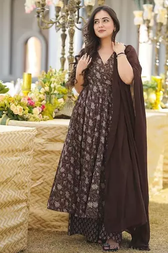 Elegant brown pure muslin anarkali kurti palazzo set with dupatta