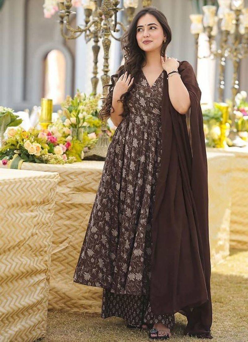 Elegant brown pure muslin anarkali kurti palazzo set with dupatta