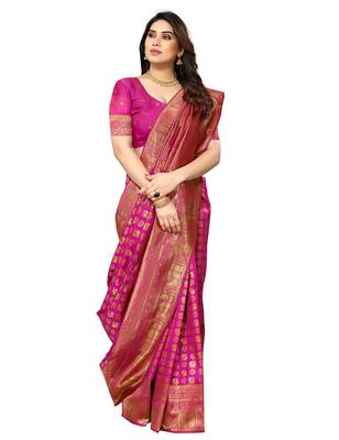 faux Kanjivaram banarasi jacquard silk blend saree with unstiched blouse piece 1