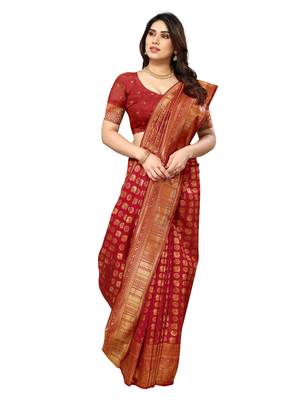faux Kanjivaram banarasi jacquard silk blend saree with unstiched blouse piece 1