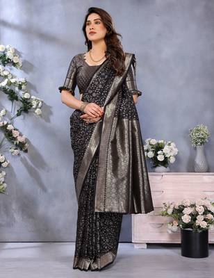 faux Kanjivaram banarasi jacquard silk blend saree with unstiched blouse piece 2