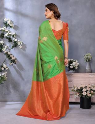 faux Kanjivaram banarasi jacquard silk blend saree with unstiched blouse piece 3