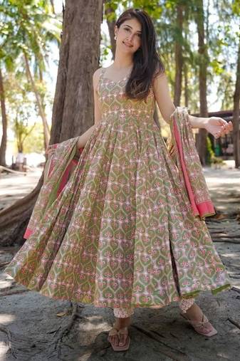 Festive wear green pink printed muslin anarkali suit set for women