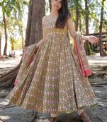Festive wear green pink printed muslin anarkali suit set for women