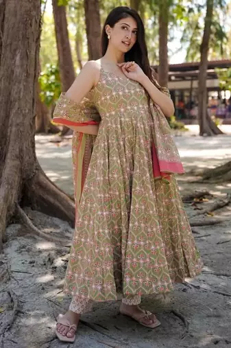 Festive wear green pink printed muslin anarkali suit set for women