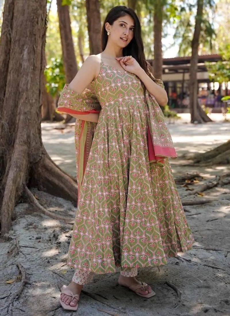 Festive wear green pink printed muslin anarkali suit set for women