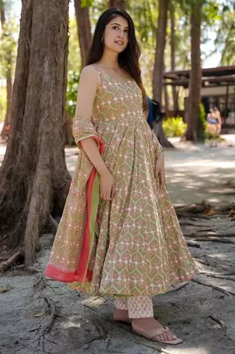 Festive wear green pink printed muslin anarkali suit set for women