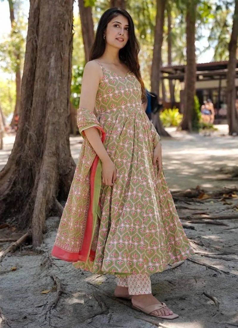 Festive wear green pink printed muslin anarkali suit set for women