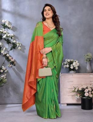 faux Kanjivaram banarasi jacquard silk blend saree with unstiched blouse piece 5
