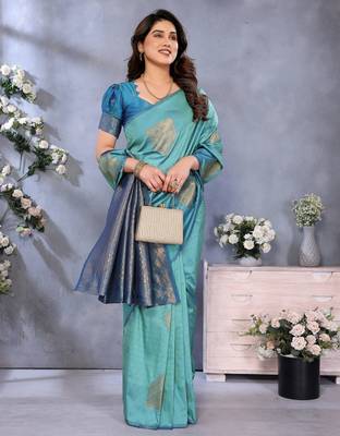 faux Kanjivaram banarasi jacquard silk blend saree with unstiched blouse piece 5