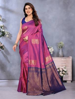 faux Kanjivaram banarasi jacquard silk blend saree with unstiched blouse piece 1