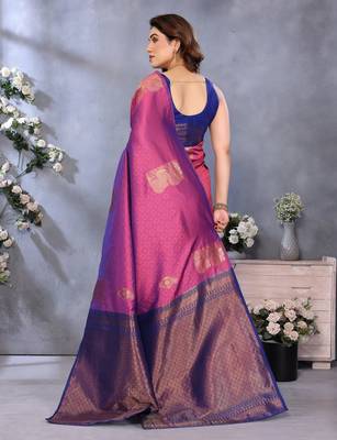 faux Kanjivaram banarasi jacquard silk blend saree with unstiched blouse piece 3