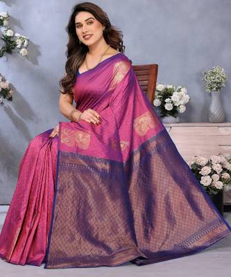 faux Kanjivaram banarasi jacquard silk blend saree with unstiched blouse piece 4
