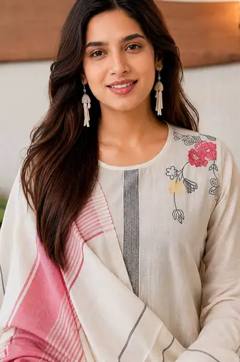 Crtx white jaquard pure cotton kurti with dupatta and pant
