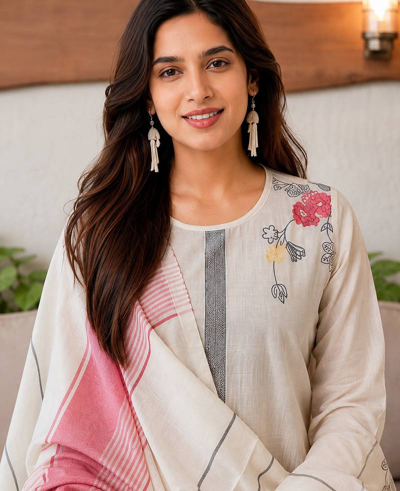 Crtx white jaquard pure cotton kurti with dupatta and pant