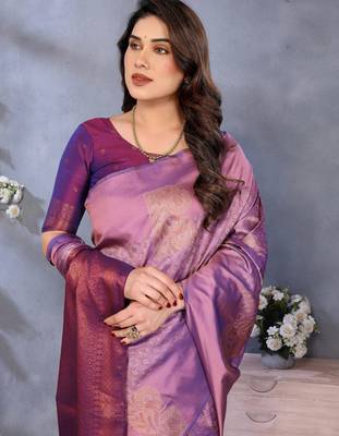 faux Kanjivaram banarasi jacquard silk blend saree with unstiched blouse piece 2