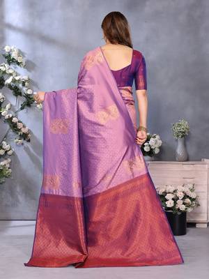 faux Kanjivaram banarasi jacquard silk blend saree with unstiched blouse piece 5