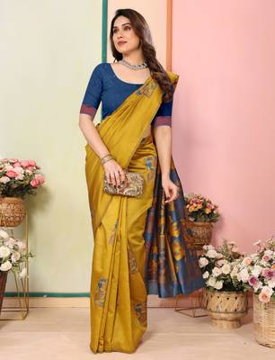 faux Kanjivaram banarasi jacquard silk blend saree with unstiched blouse piece 4