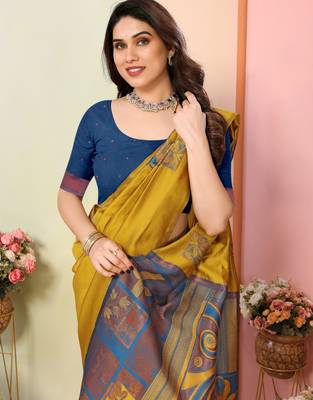 faux Kanjivaram banarasi jacquard silk blend saree with unstiched blouse piece 5