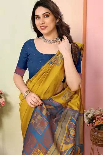 faux Kanjivaram banarasi jacquard silk blend saree with unstiched blouse piece