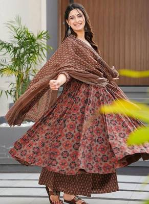Elegant brown printed pure muslin anarkali suit set with palazzo and dupatta 1