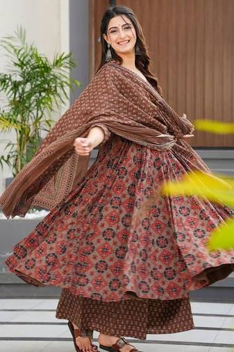 Elegant brown printed muslin anarkali suit set with palazzo and dupatta
