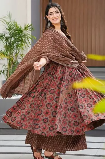 Elegant brown printed pure muslin anarkali suit set with palazzo and dupatta