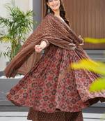 Elegant brown printed pure muslin anarkali suit set with palazzo and dupatta