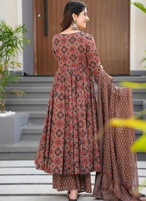 Elegant brown printed pure muslin anarkali suit set with palazzo and dupatta 2