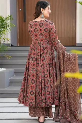 Elegant brown printed pure muslin anarkali suit set with palazzo and dupatta