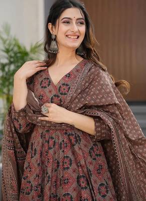 Elegant brown printed pure muslin anarkali suit set with palazzo and dupatta 3
