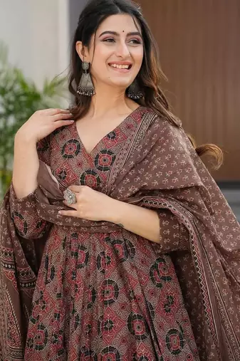 Elegant brown printed pure muslin anarkali suit set with palazzo and dupatta