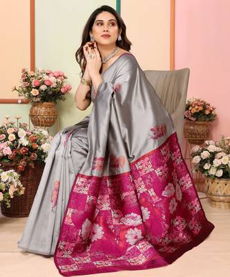 faux Kanjivaram banarasi jacquard silk blend saree with unstiched blouse piece 3