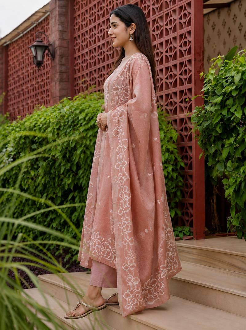 Crtx light maroon jaquard pure cotton kurti with dupatta and pant